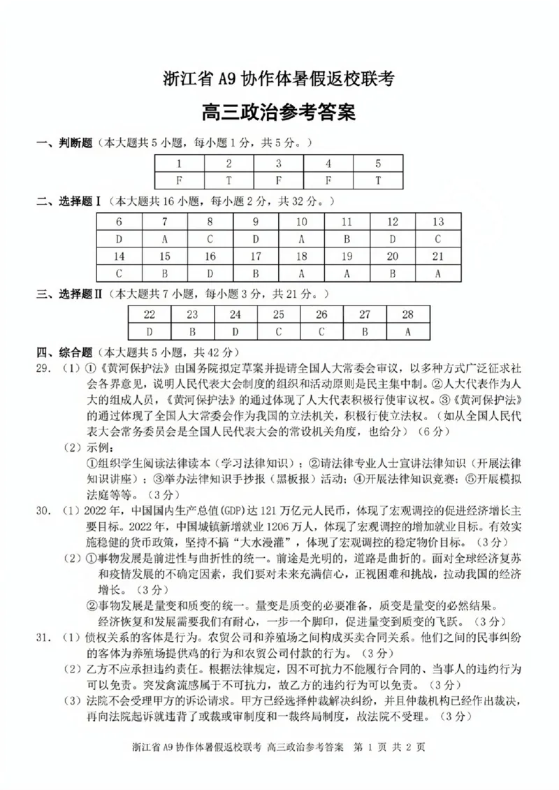 浙江省A9协作体2023-2024学年高三暑假返校联考政治答案(1)_2023年8月_028月合集_2024届浙江省A9协作体高三上学期暑假返校联考