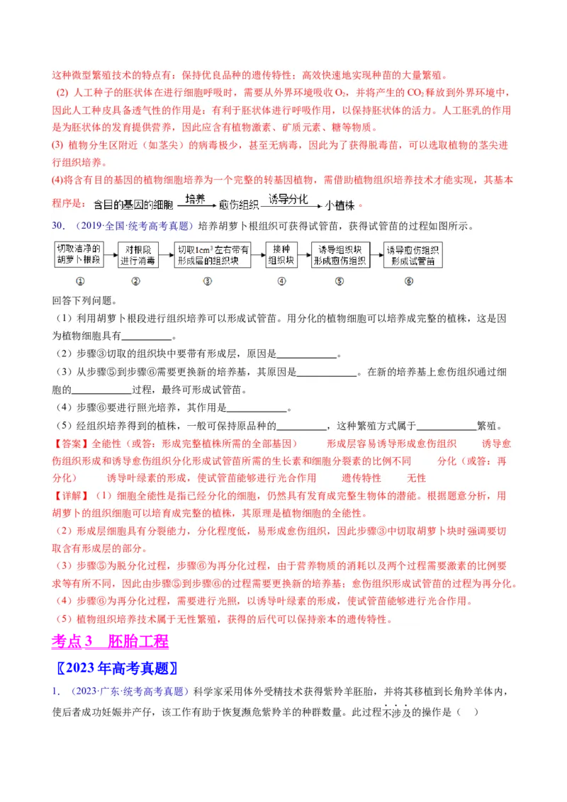 专题20细胞工程与胚胎工程-五年（2019-2023）高考生物真题分项汇编（全国通用）（解析版）_赠送：2008-2024全套高考真题_高考生物真题