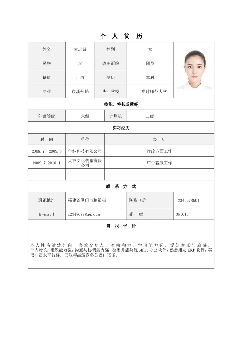 标准表格单页08_各类简历_简历模板(1)_表格模板1-18_word-