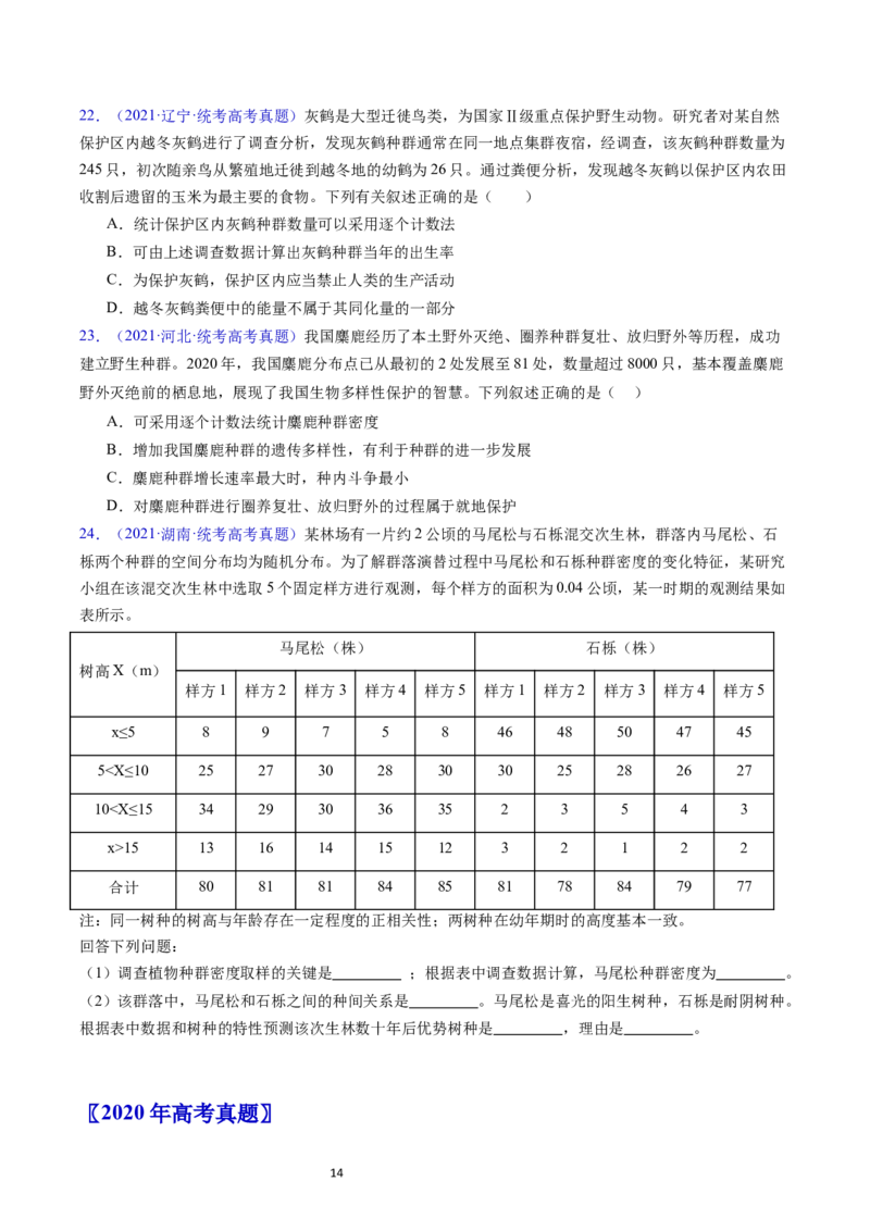 专题18种群和群落-五年（2019-2023）高考生物真题分项汇编（全国通用）（原卷版）_赠送：2008-2024全套高考真题_高考生物真题_送高考生物五年真题(2019-2023)分项汇编（全国通用）