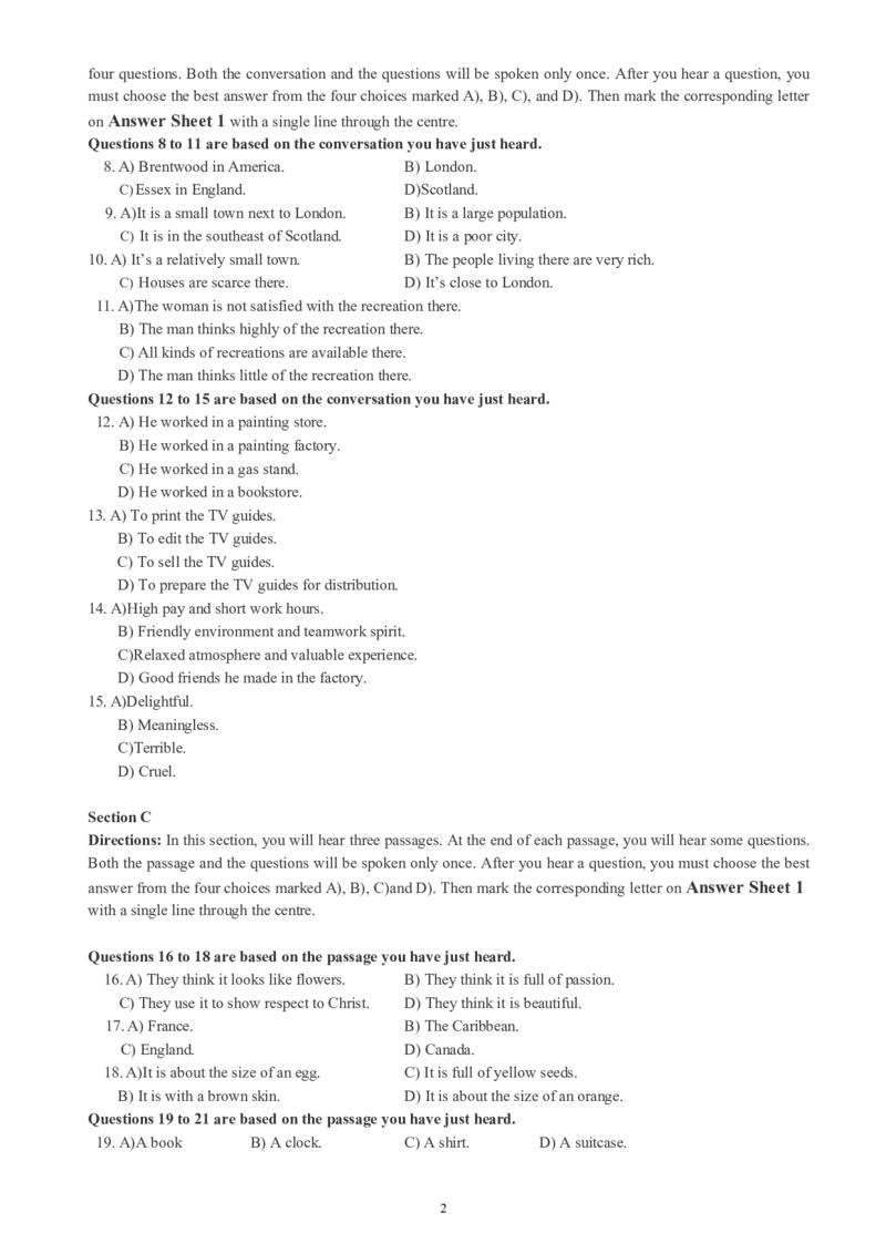 四级通关模拟卷第二套_英语四六级整合_英语四六级真题版本一此版本可作为补充_大学英语CET4_X0_03-四级模拟题_四级模拟题1-5套（赠送）_四级通关模拟卷（2）