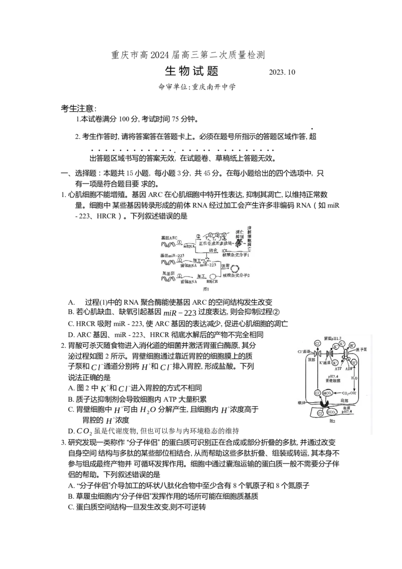 重庆市南开中学高2024届高三第二次质量检测生物试题(1)_2023年10月_0210月合集_2024届重庆市南开中学高高三质量检测（二）_重庆市南开中学高2024届高三质量检测（二）生物