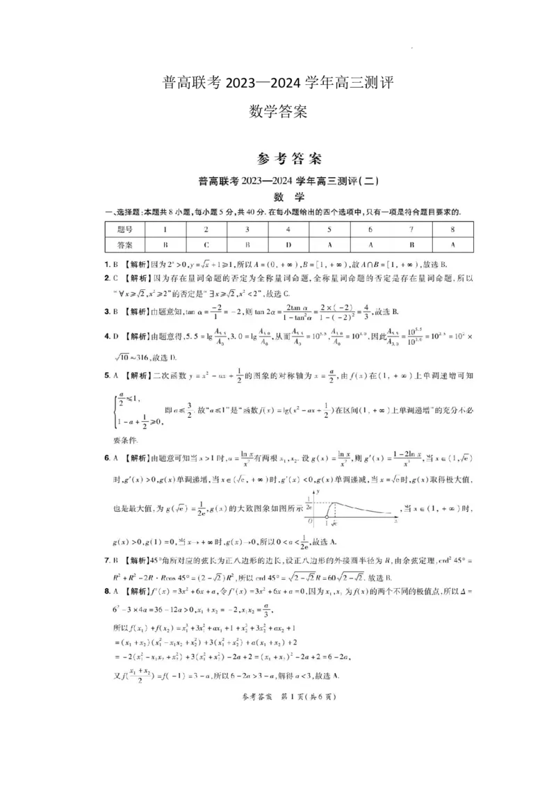 河南省普高联考2023-2024学年高三上学期测评（二）数学答案(1)_2023年10月_01每日更新_6号_2024届河南省普高联考高三上学期测评（二）