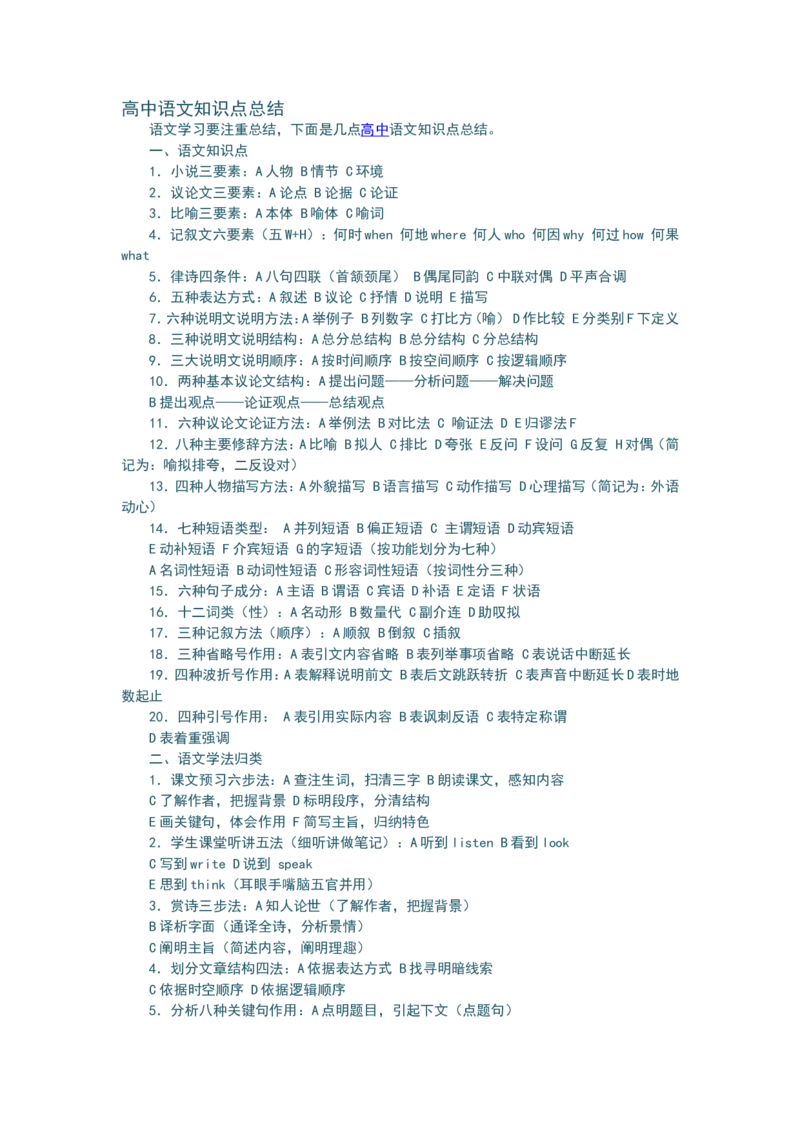 品优教学最新高中语文知识点总结修正版_赠送小初高学霸笔记等_小初高知识点_小初高知识点_高考语文知识点