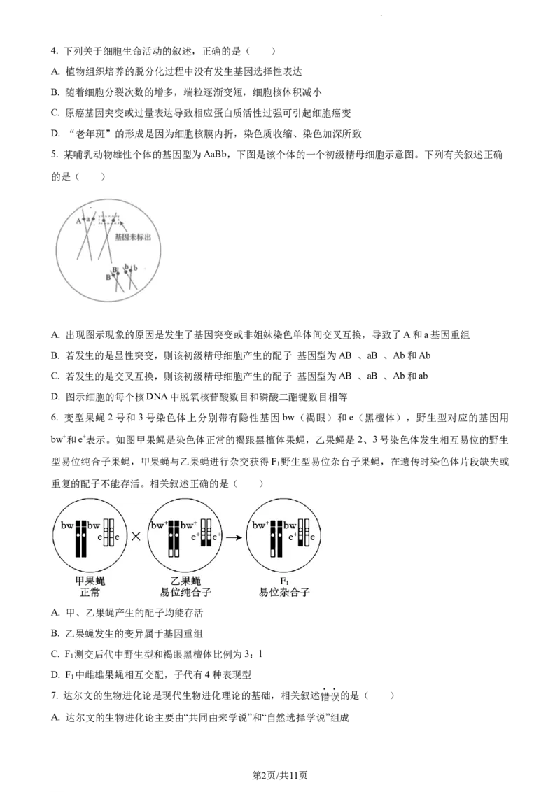 精品解析：江苏省泰州中学2023-2024学年高三上学期期初调研考试生物试题（原卷版）_2023年9月_01每日更新_13号_2024届江苏省泰州中学高三上学期期初调研考试