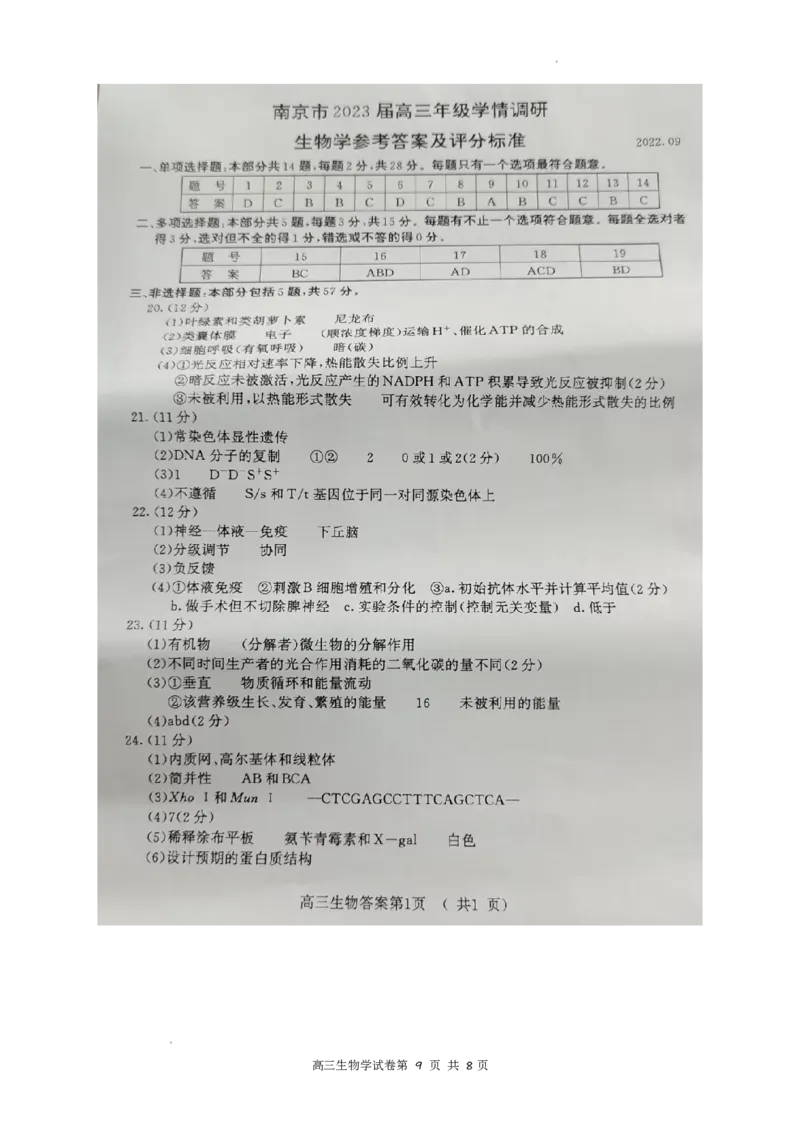 江苏省南京市2022-2023学年高三上学期9月学情调研试题+生物_2023年8月_01每日更新_17号_2023届江苏省南京市学期期初学情调研_052023江苏省南京市学期期初学情调研生物含答案