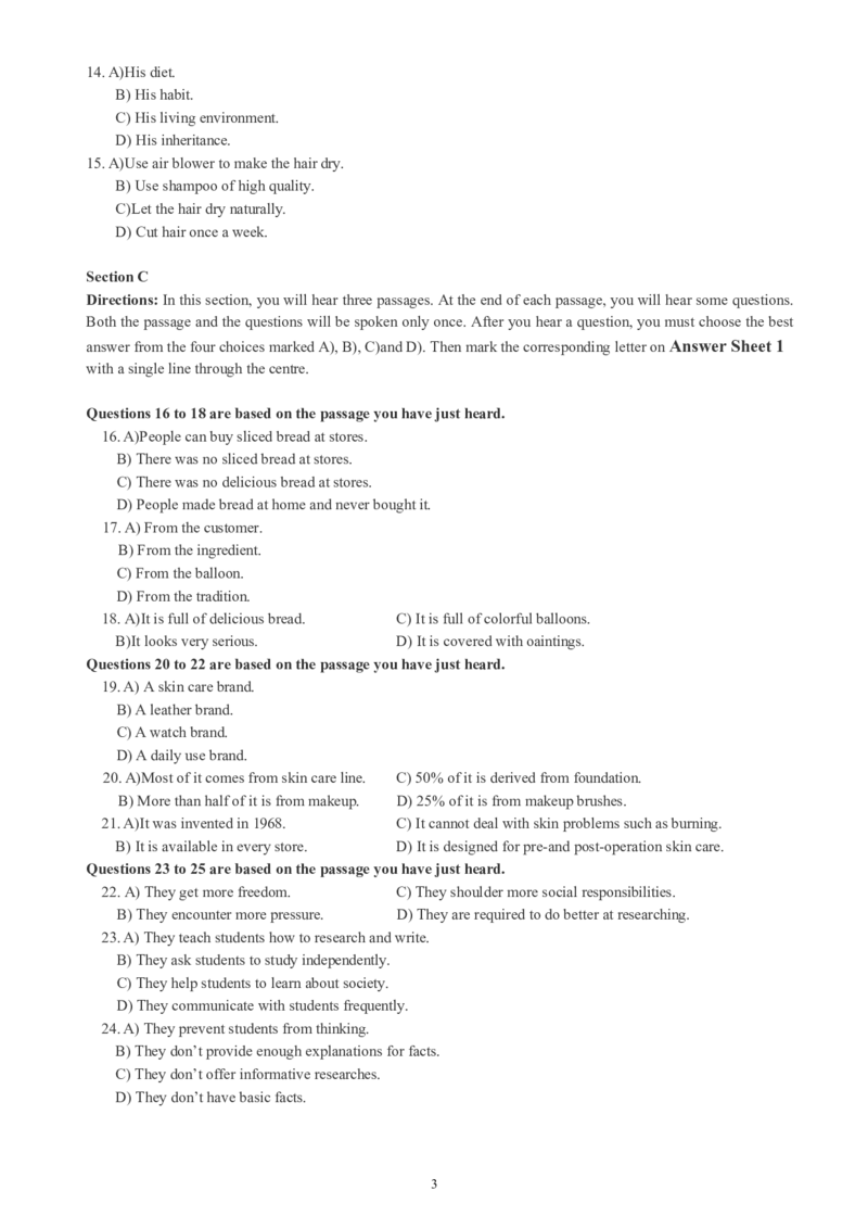 四级通关模拟卷第三套_英语四六级整合_英语四六级真题版本一此版本可作为补充_大学英语CET4_X0_03-四级模拟题_四级模拟题1-5套（赠送）_四级通关模拟卷（3）
