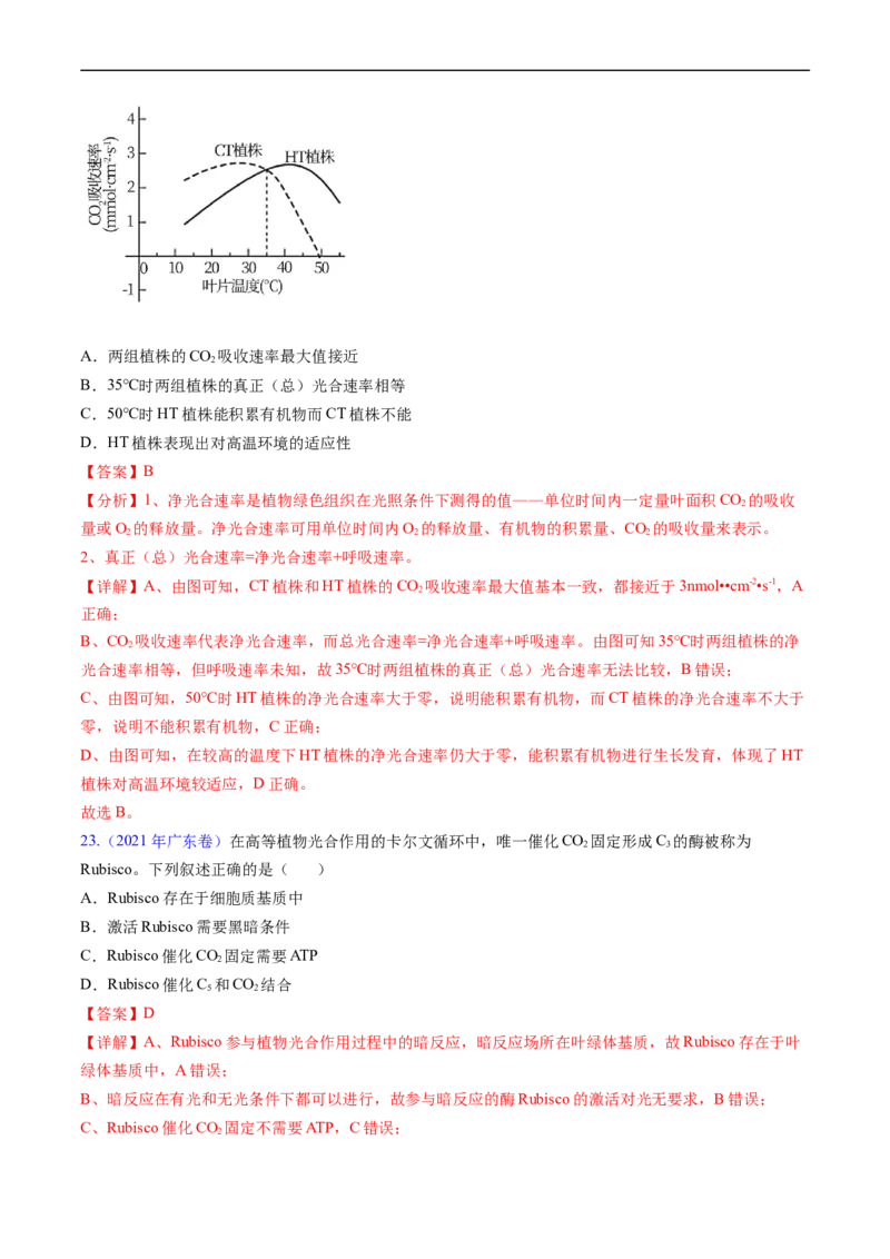 专题05细胞呼吸与光合作用-五年（2019-2023）高考生物真题分项汇编（全国通用）（解析版）_赠送：2008-2024全套高考真题_高考生物真题