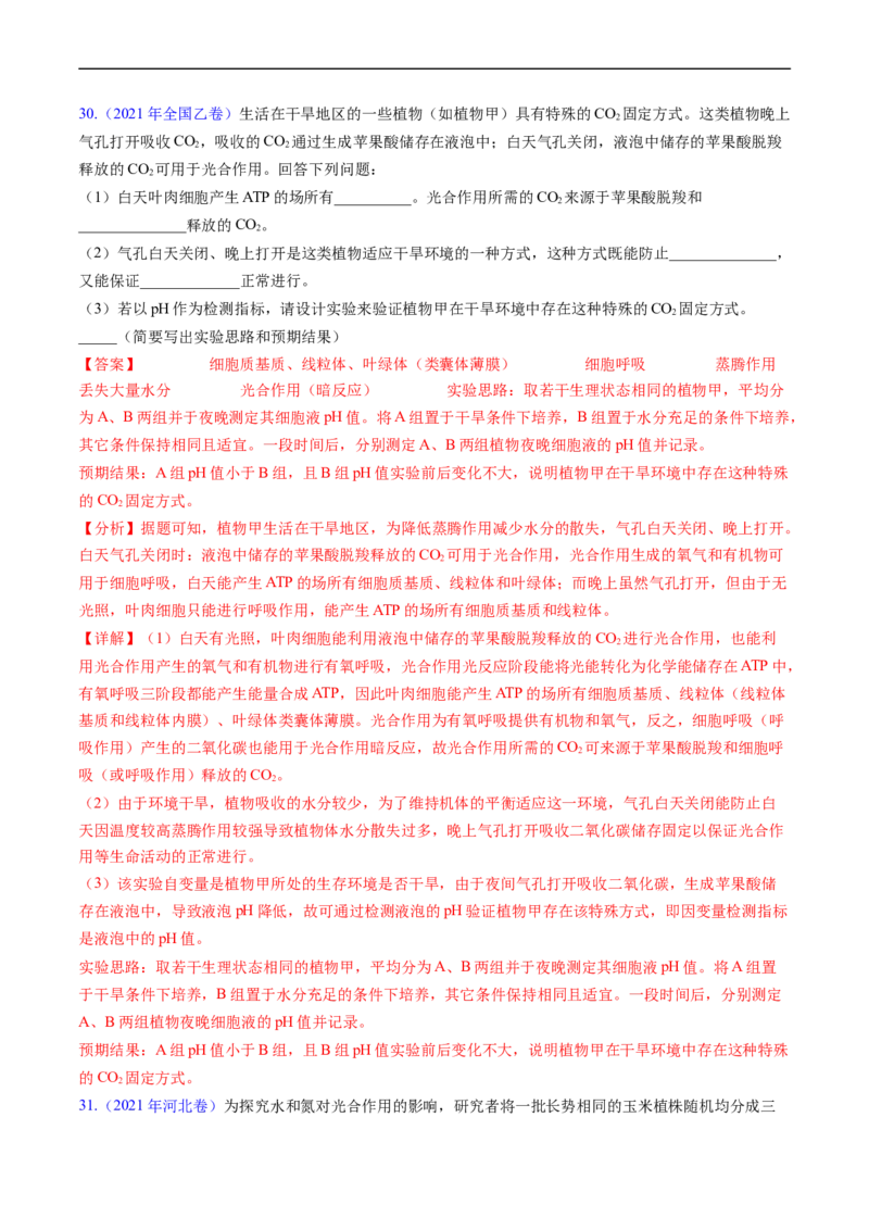 专题05细胞呼吸与光合作用-五年（2019-2023）高考生物真题分项汇编（全国通用）（解析版）_赠送：2008-2024全套高考真题_高考生物真题