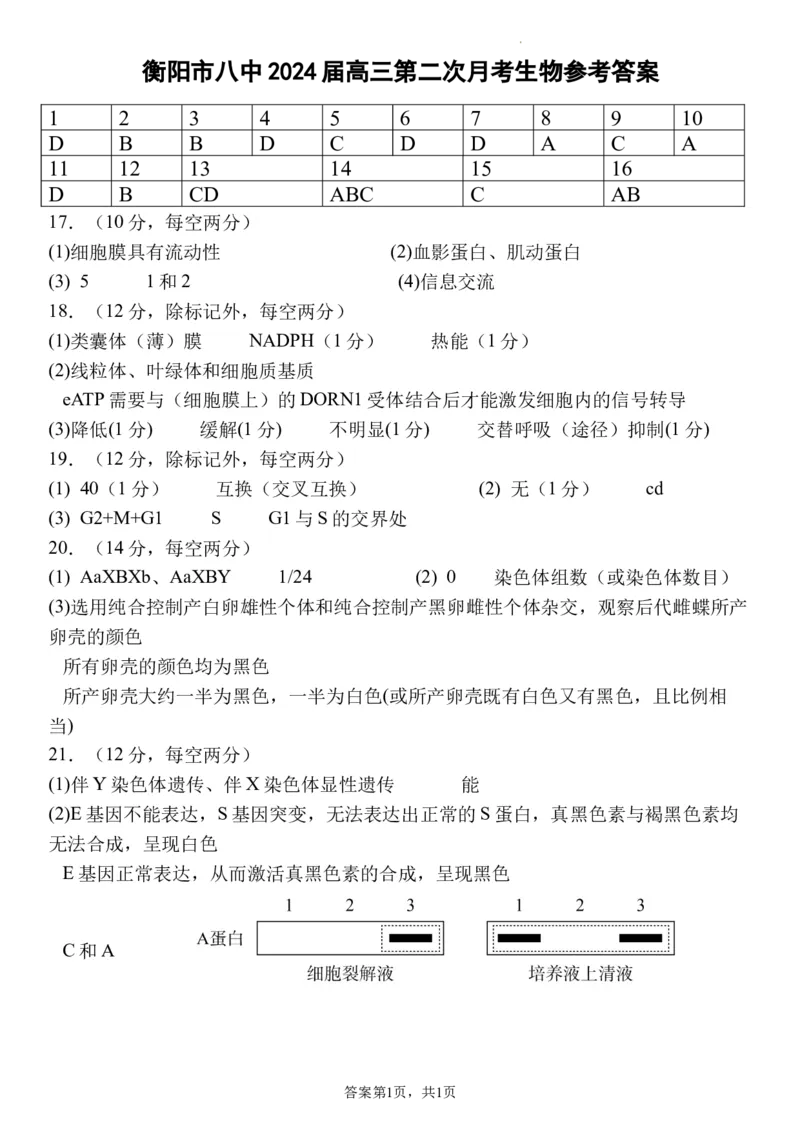 答案(1)_2023年10月_0210月合集_2024届湖南省衡阳市第八中学高三上学期10月月考（二）_湖南省衡阳市第八中学2024届高三上学期10月月考（二）生物