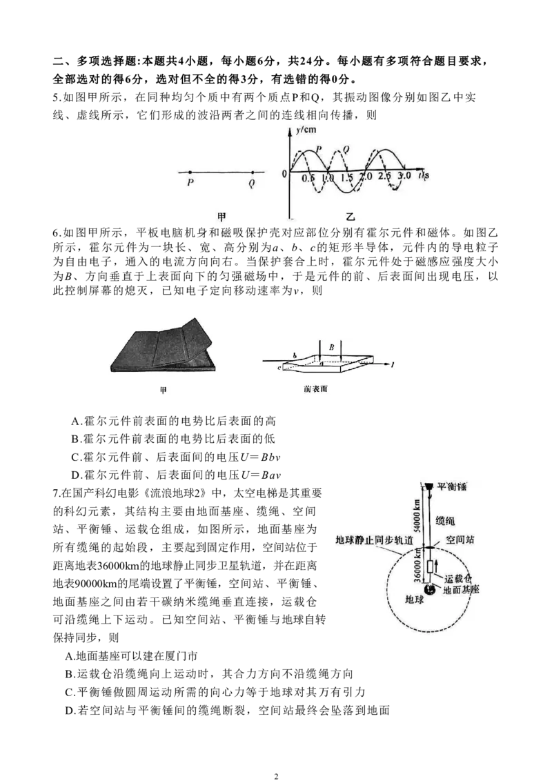 2023届福建省厦门市高三毕业班第二次质量检测丨物理(1)_2024年2月_022月合集_2023届福建省厦门市高三毕业班第二次质量检测全科