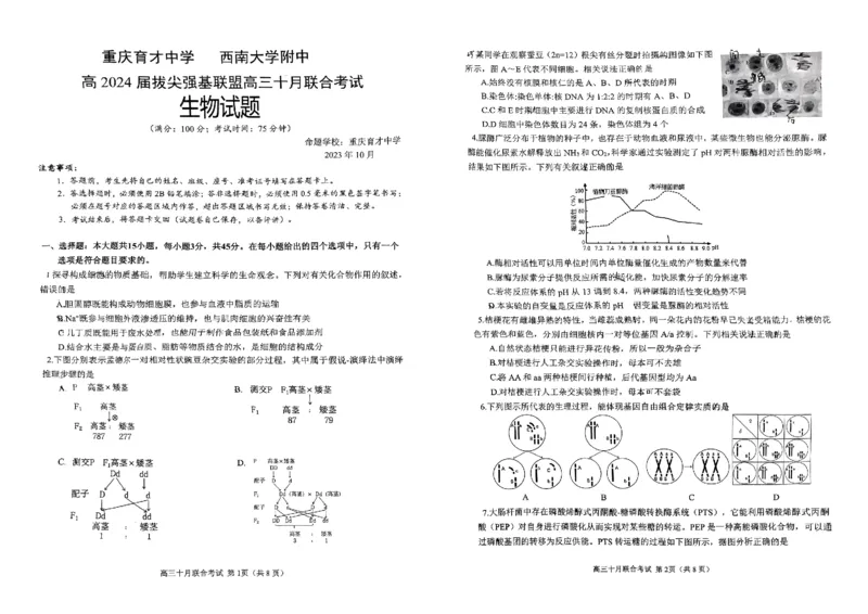 重庆育才中学西南大学附中高2024届拔尖强基联盟高三十月联合考试生物(1)_2023年10月_01每日更新_25号_2024届重庆育才中学西南大学附中高拔尖强基联盟高三十月联合考试