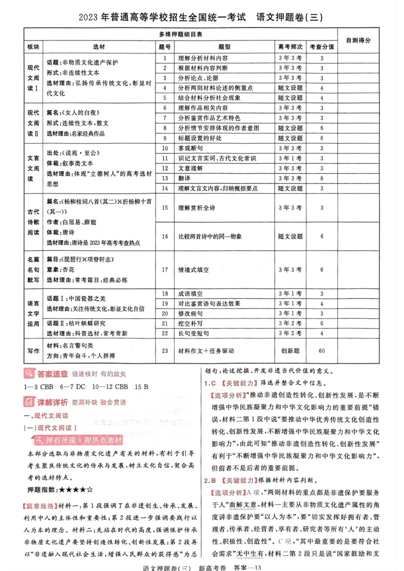 语文答案_2023高考押题卷_2023版天星金考卷最后一卷_新高考版_最后一卷&middot;语文