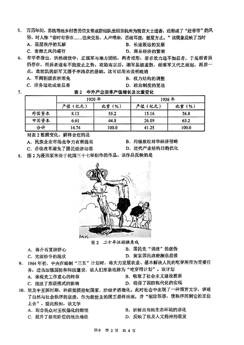 2024届安徽省马鞍山市高三教学质量监测（三模）历史试题+答案(1)_2024年4月_024月合集_2024届安徽省马鞍山市高三下学期三模