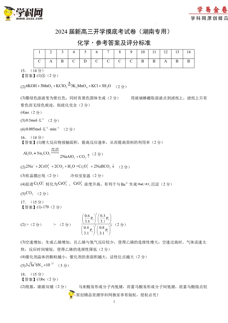 化学-2024届新高三开学摸底考试卷（湖南专用）（参考答案及评分标准）_2024届新高三开学摸底考试卷_化学-2024届新高三开学摸底考试卷