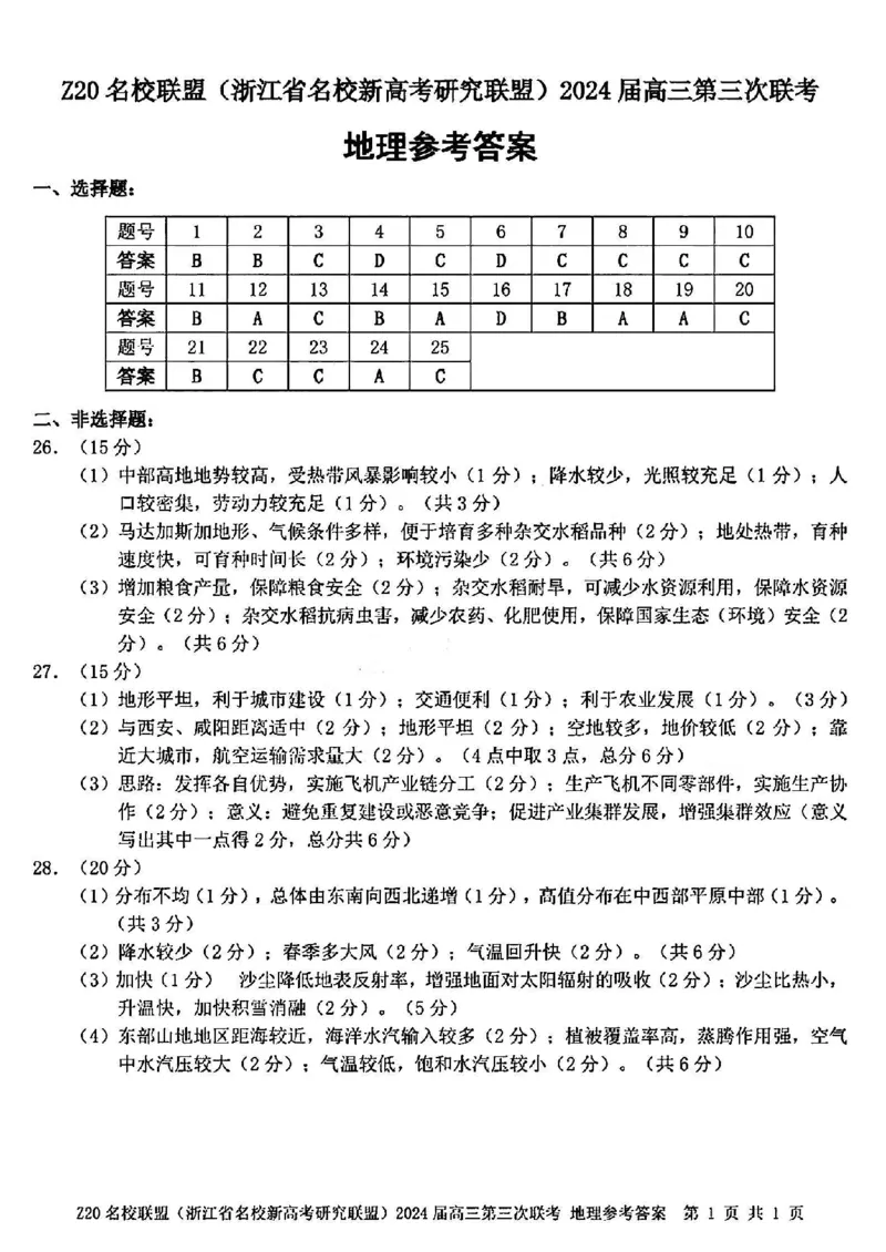 2024届浙江省Z20名校联盟高三第三次联地理试卷答案_2024年5月_01按日期_20号_2024届浙江省Z20名校联盟高三第三次联考_2024届浙江省Z20名校联盟高三第三次联考地理