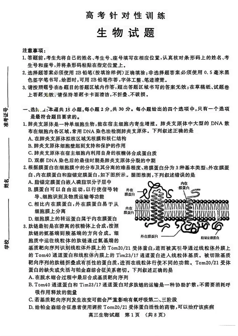 2024届山东省济南市高考针对性训练(5月)三模生物试卷+答案(1)_2024年5月_025月合集_2024届山东省济南市高考针对性训练(5月)三模