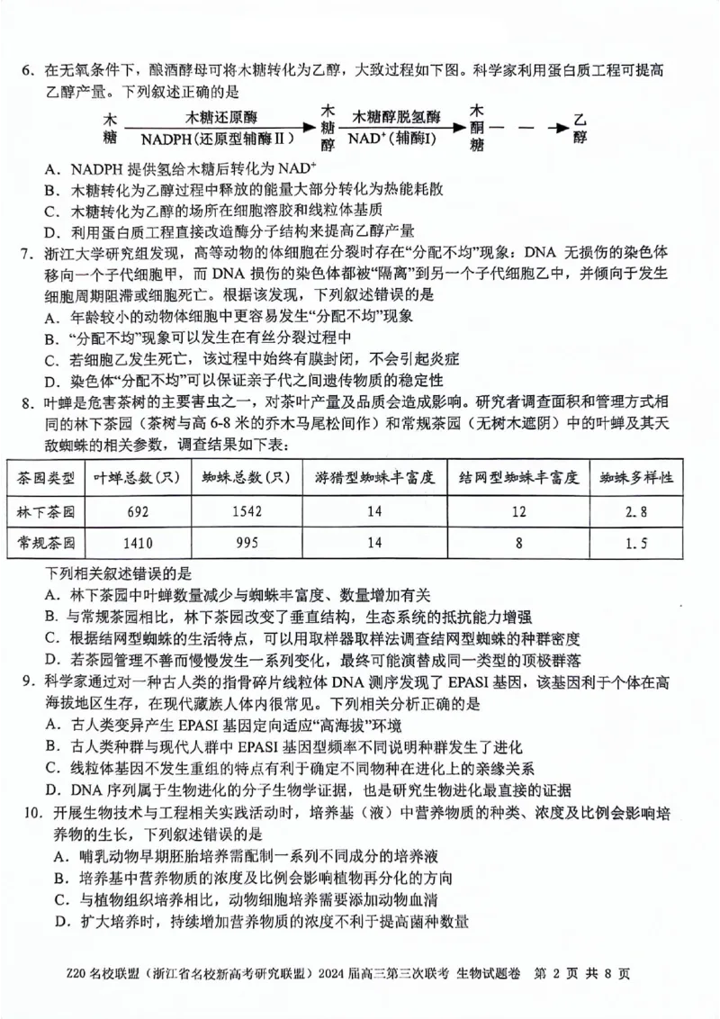 2024届浙江省Z20名校联盟高三第三次联生物试卷_2024年5月_01按日期_20号_2024届浙江省Z20名校联盟高三第三次联考_2024届浙江省Z20名校联盟高三第三次联生物