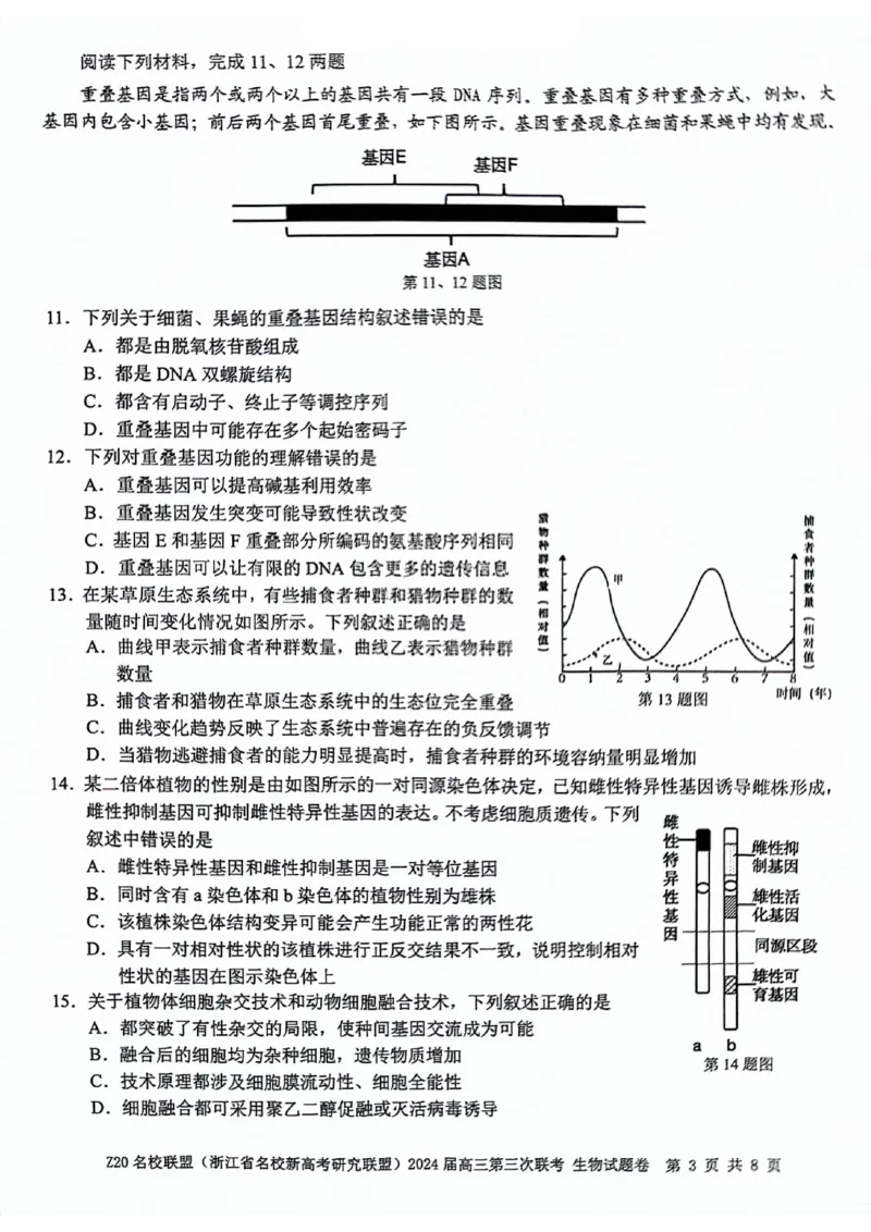 2024届浙江省Z20名校联盟高三第三次联生物试卷_2024年5月_01按日期_20号_2024届浙江省Z20名校联盟高三第三次联考_2024届浙江省Z20名校联盟高三第三次联生物