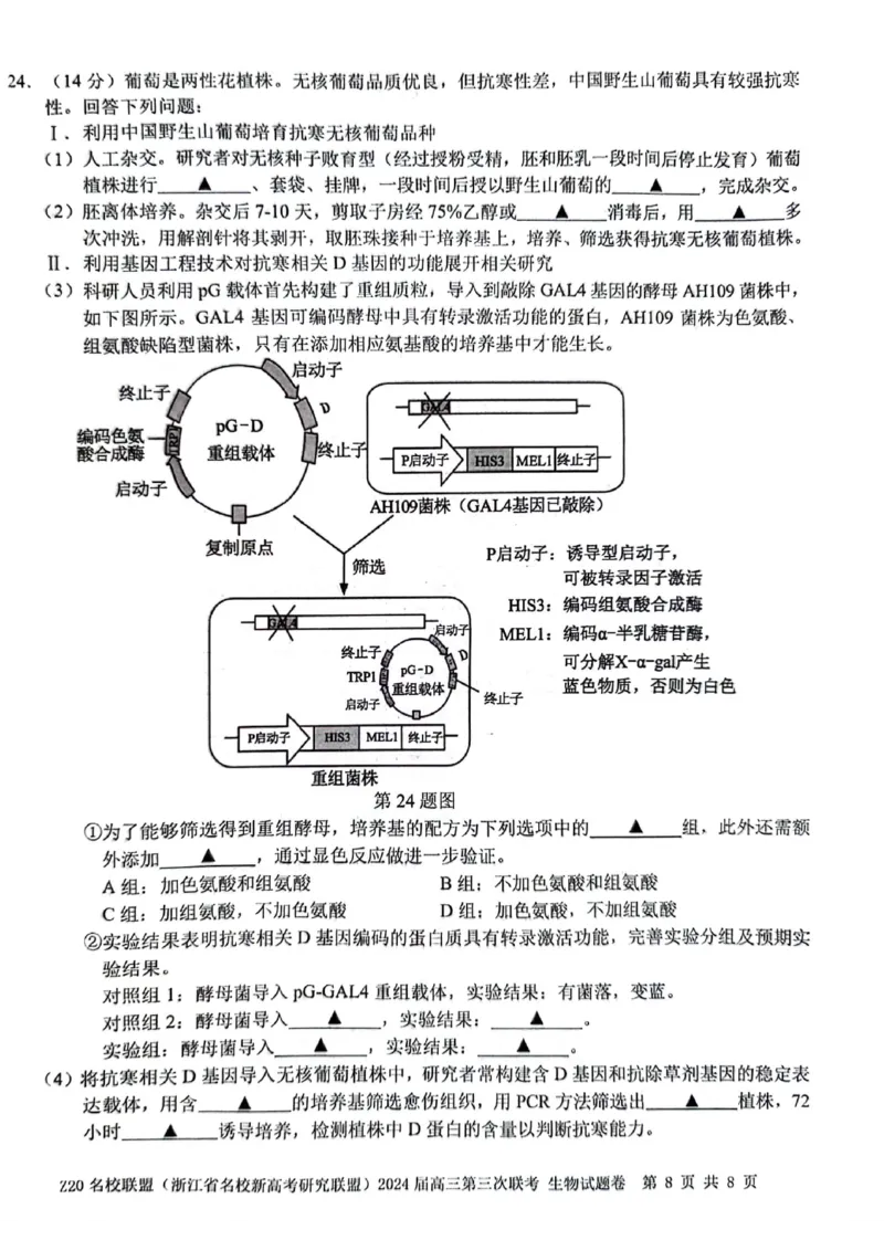 2024届浙江省Z20名校联盟高三第三次联生物试卷_2024年5月_01按日期_20号_2024届浙江省Z20名校联盟高三第三次联考_2024届浙江省Z20名校联盟高三第三次联生物