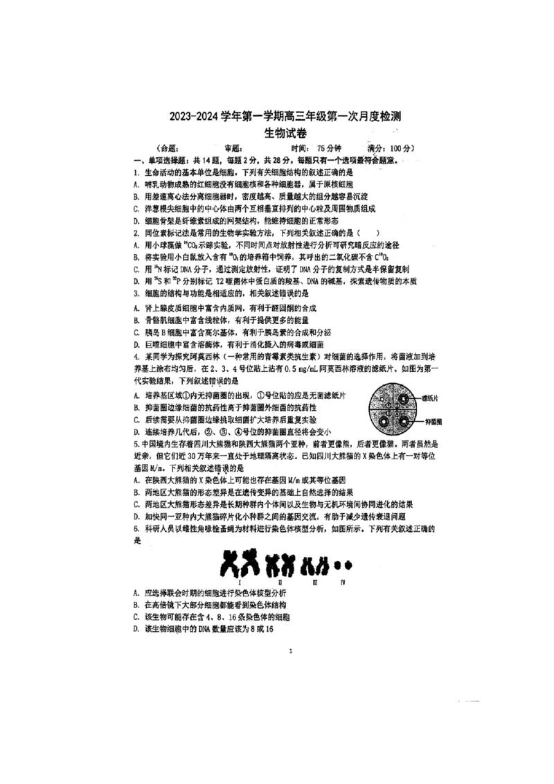 江苏省泰州中学2024届高三第一次质量检测生物(1)_2023年10月_01每日更新_11号_2024届江苏省泰州中学高三第一次质量检测