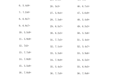 5.0~8.0&times;1位整数第81~100篇_编码0121-6年级数学口算计算_口算题（适合5年级）_小数-乘法（230篇）_（小数）5.8~8.0乘1位整数（100篇）