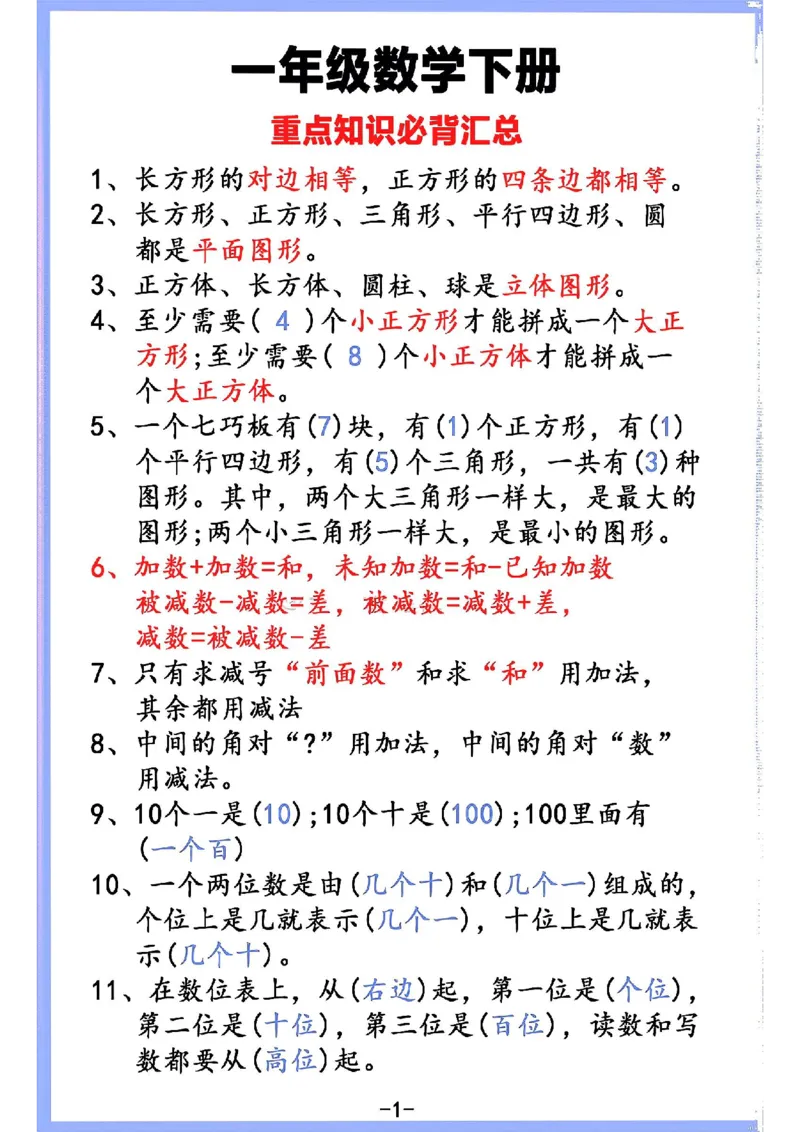 一年级数学下册重点知识_一年级上下册资料_一年级下册小红书同款资料_一下数学