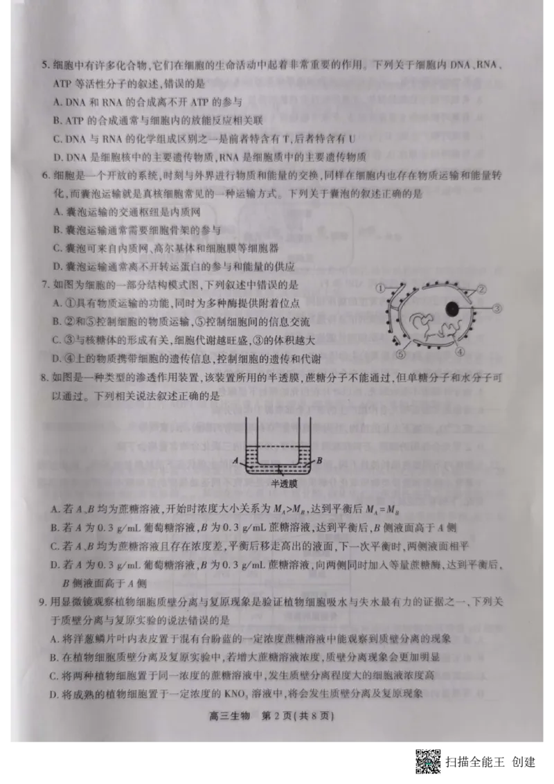 高三生物_2023年10月_01每日更新_7号_2024届安徽省鼎尖教育高三上学期第一届百校大联考_安徽省鼎尖教育高三上学期2024届第一届百校大联考生物