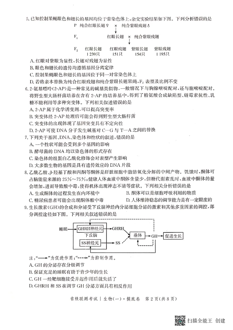 河北省2023-2024学年高三上学期开学省级联测考试生物(1)_2023年8月_028月合集_2024届河北省高三上学期省级联测考试