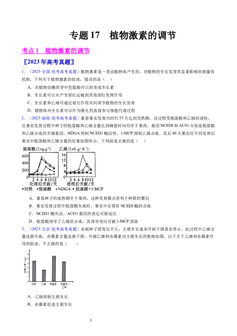 专题17植物激素的调节-五年（2019-2023）高考生物真题分项汇编（全国通用）（原卷版）_赠送：2008-2024全套高考真题_高考生物真题_送高考生物五年真题(2019-2023)分项汇编（全国通用）