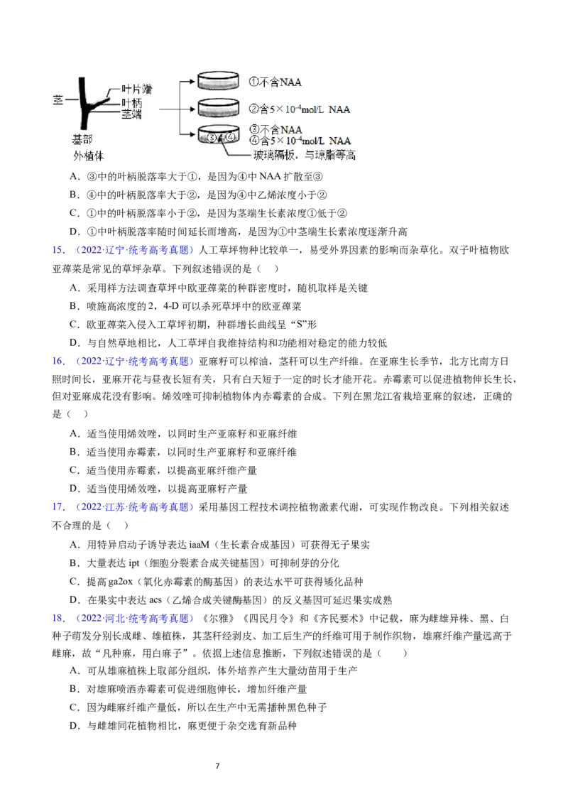 专题17植物激素的调节-五年（2019-2023）高考生物真题分项汇编（全国通用）（原卷版）_赠送：2008-2024全套高考真题_高考生物真题_送高考生物五年真题(2019-2023)分项汇编（全国通用）