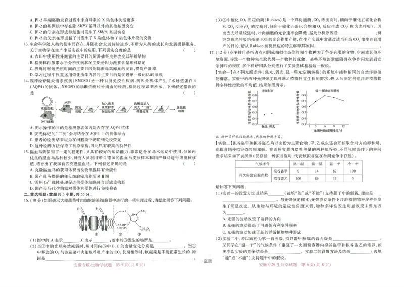 王后雄高考押题预测卷2024安徽专版-生物_2024高考押题卷_22024王hou雄_16王后雄押题_2024年王后雄高考押题预测卷（安徽专版）