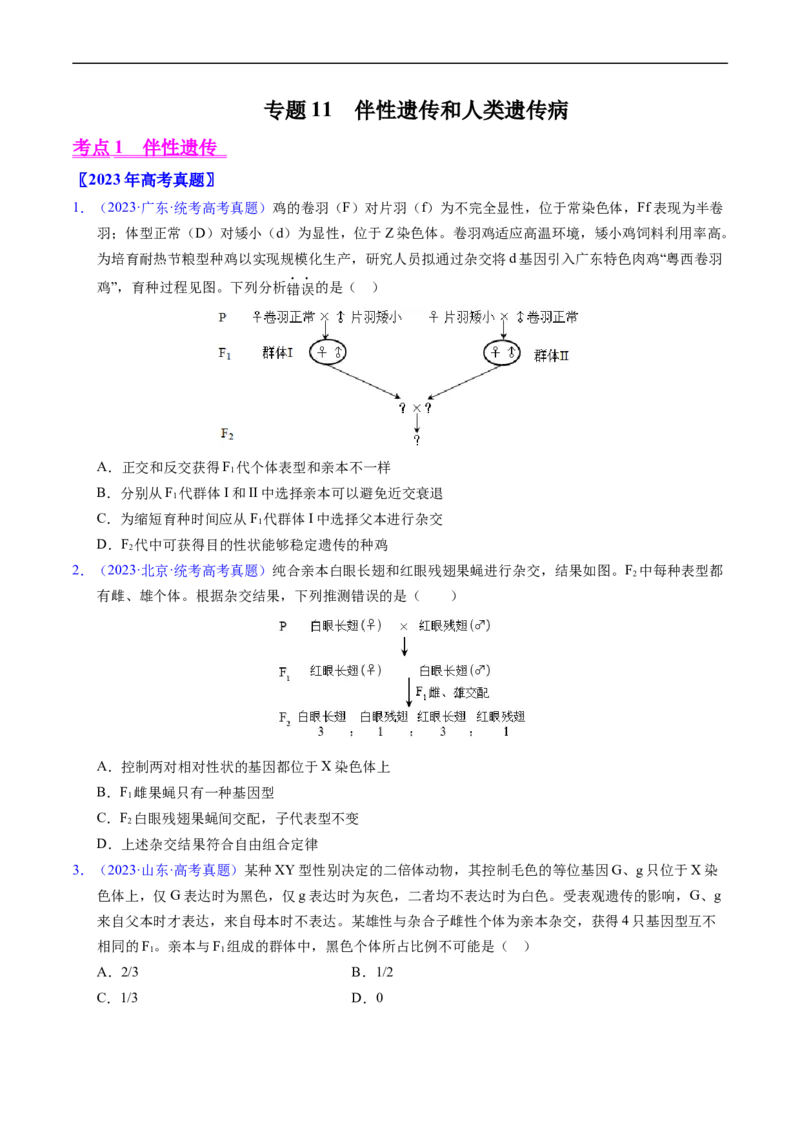 专题11伴性遗传和人类遗传病-五年（2019-2023）高考生物真题分项汇编（全国通用）（原卷版）_赠送：2008-2024全套高考真题_高考生物真题