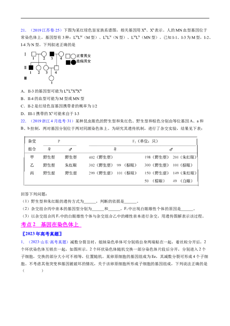 专题11伴性遗传和人类遗传病-五年（2019-2023）高考生物真题分项汇编（全国通用）（原卷版）_赠送：2008-2024全套高考真题_高考生物真题