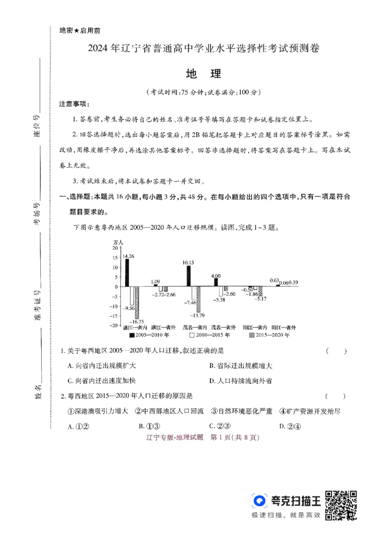 王后雄高考押题预测卷2024辽宁专版-地理_2024高考押题卷_22024王hou雄_（新高考）2024王后雄押题预测卷（分科版）_9.地理