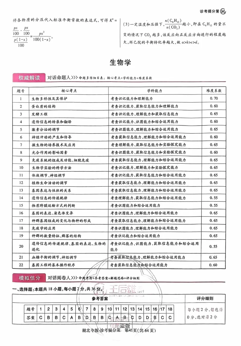 生物答案_2024高考押题卷_22024王hou雄_16王后雄押题_2024年王后雄高考押题预测卷（湖北专版）_生物