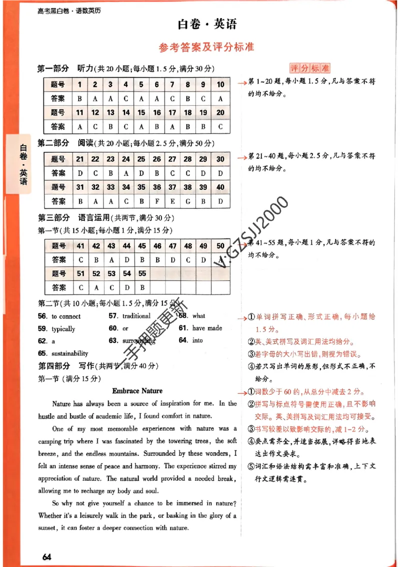 白卷英语评分标准及详解详析_2024高考押题卷_32024腾远黑白卷_2024腾远高考黑白卷（新课标卷）_白卷答案
