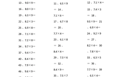 6.0~9.9乘1位整数第81~100篇_编码0121-6年级数学口算计算_口算题（适合5年级）_小数-乘法（230篇）_（小数）6.0~9.9乘1位整数（100篇）