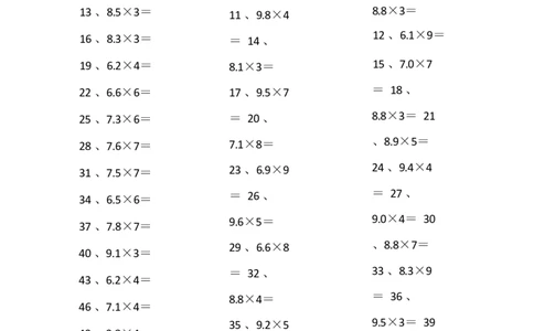 6.0~9.9乘1位整数第81~100篇_编码0121-6年级数学口算计算_口算题（适合5年级）_小数-乘法（230篇）_（小数）6.0~9.9乘1位整数（100篇）