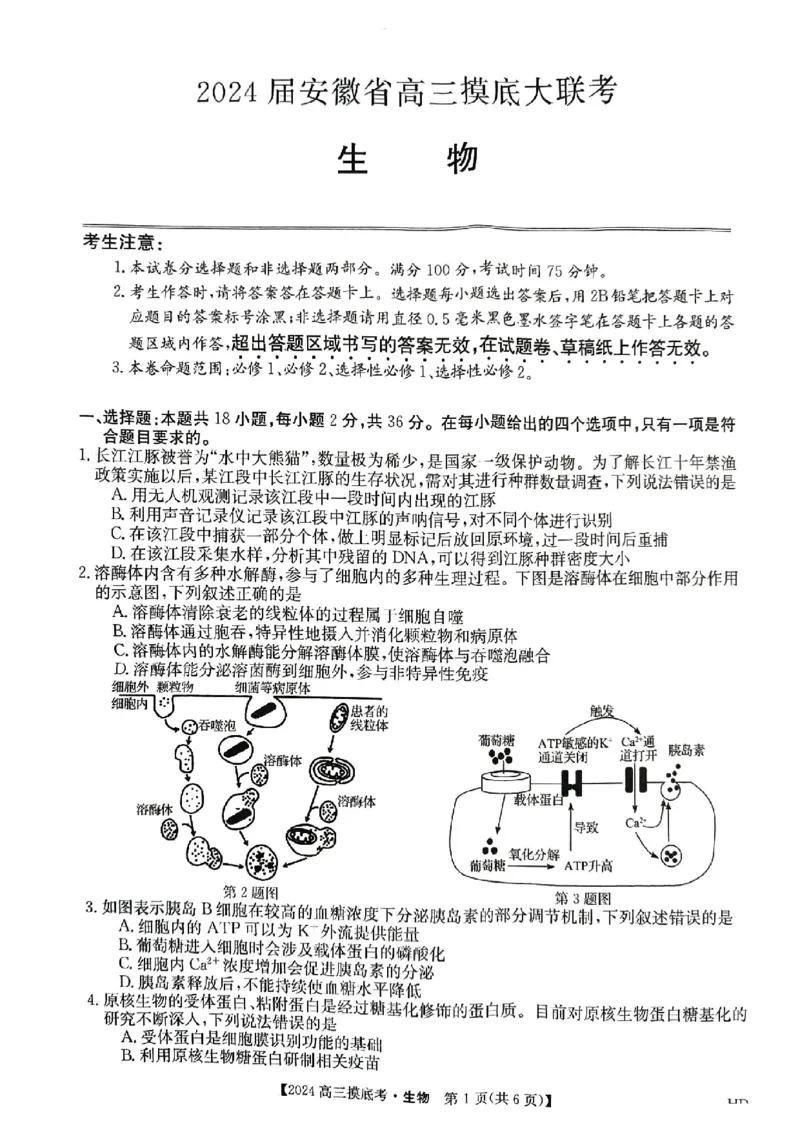 生物_2023年8月_01每日更新_30号_2024届安徽省皖南八校高三上学期8月摸底大联考_安徽省2023-2024学年高三上学期摸底联考生物试题