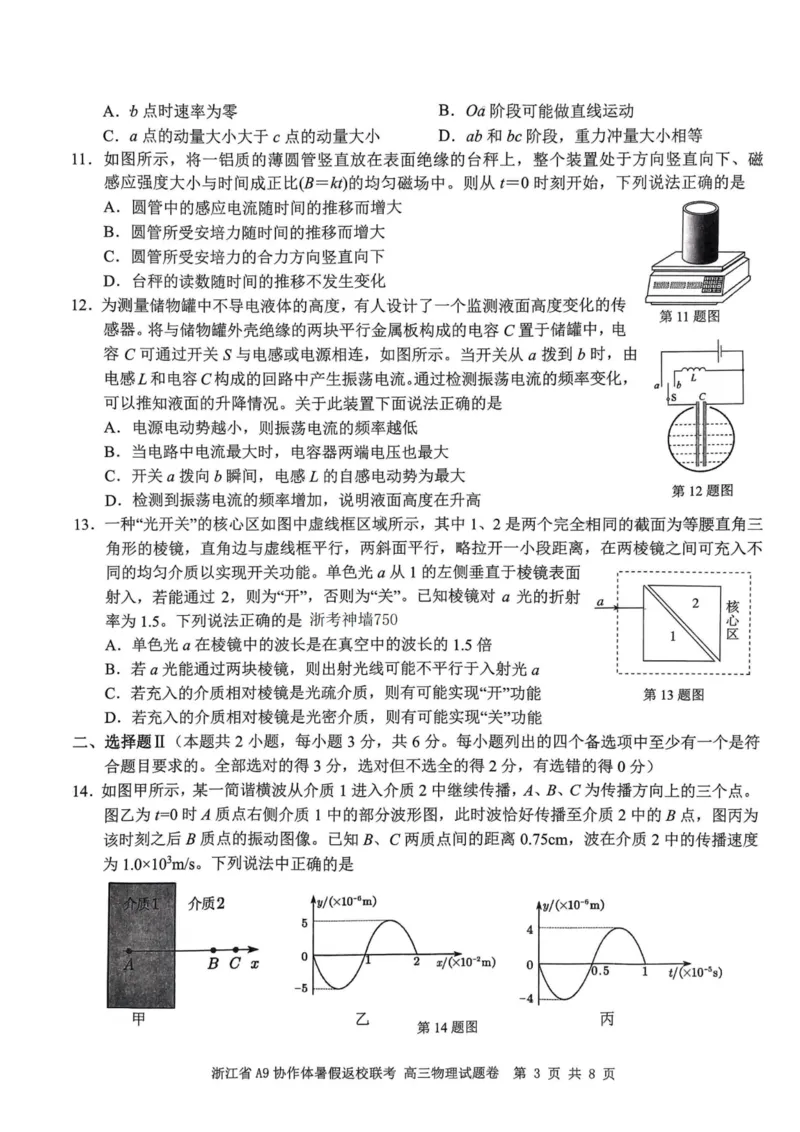 浙江省A9协作体2023-2024学年高三暑假返校联考物理(1)_2023年8月_028月合集_2024届浙江省A9协作体高三上学期暑假返校联考