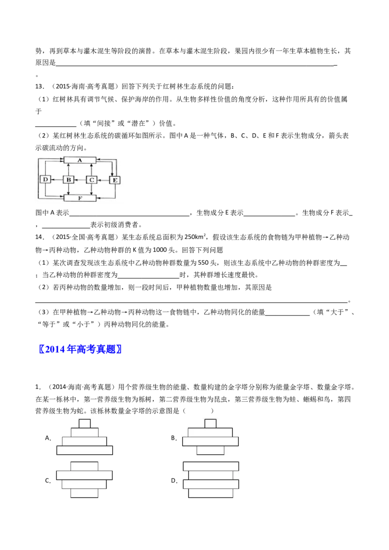 专题22生态系统和环境保护（原卷卷）_近10年高考真题汇编（必刷）_十年（2014-2024）高考生物真题分项汇编（全国通用）_十年（2014-2023）高考生物真题分项汇编（全国通用）
