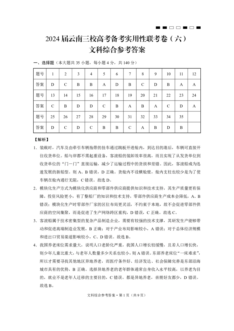 2024届云南三校高考备考实用性联考卷（六）文综-答案_2024年2月_01每日更新_24号_2024届云南省三校高考备考实用性联考卷（六）