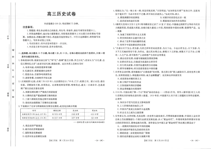 辽宁省部分学校2023-2024学年高三开学摸底考试历史试题_2023年9月_01每日更新_6号_2024届辽宁省金太阳高三上学期开学摸底考试（24-18C）