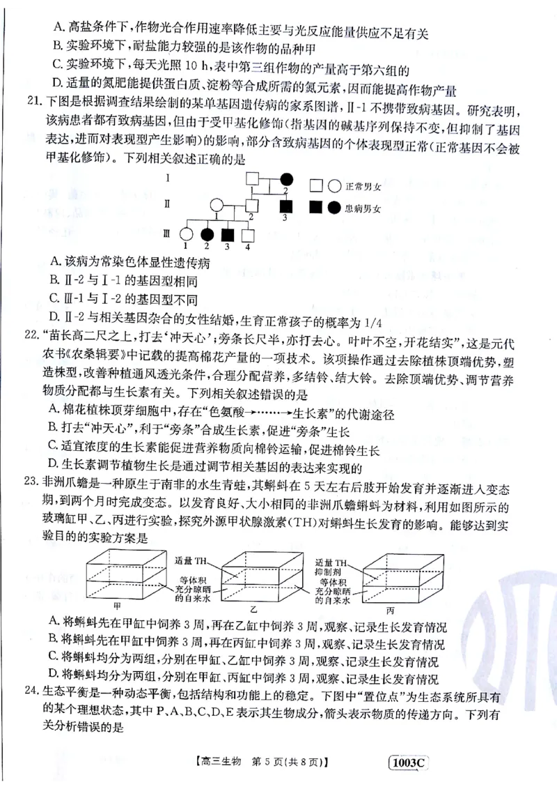 甘肃省白银市靖远县2022-2023学年高三上学期开学考试生物试题(1)_2023年7月_027月合集_2023届金太阳高三9月百万联考1003C