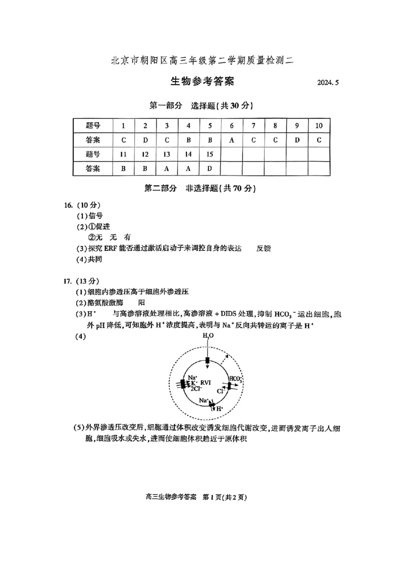 2024北京朝阳高三二模生物试题及答案(1)_2024年5月_025月合集_2024届北京市朝阳区高三二模