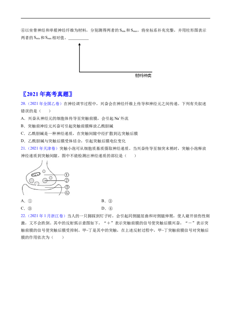 专题14神经调节-五年（2019-2023）高考生物真题分项汇编（全国通用）（原卷版）_赠送：2008-2024全套高考真题_高考生物真题_送高考生物五年真题(2019-2023)分项汇编（全国通用）