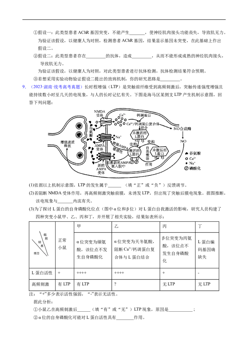 专题14神经调节-五年（2019-2023）高考生物真题分项汇编（全国通用）（原卷版）_赠送：2008-2024全套高考真题_高考生物真题_送高考生物五年真题(2019-2023)分项汇编（全国通用）