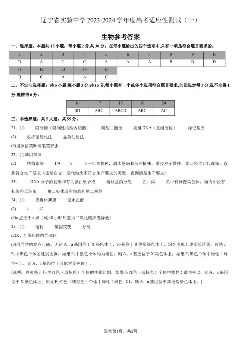 辽宁省实验中学2023-2024学年度高考适应性测试（一）生物参考答案(1)_2023年10月_0210月合集_2024届辽宁省实验中学高三上学期高考适应性测试（一）
