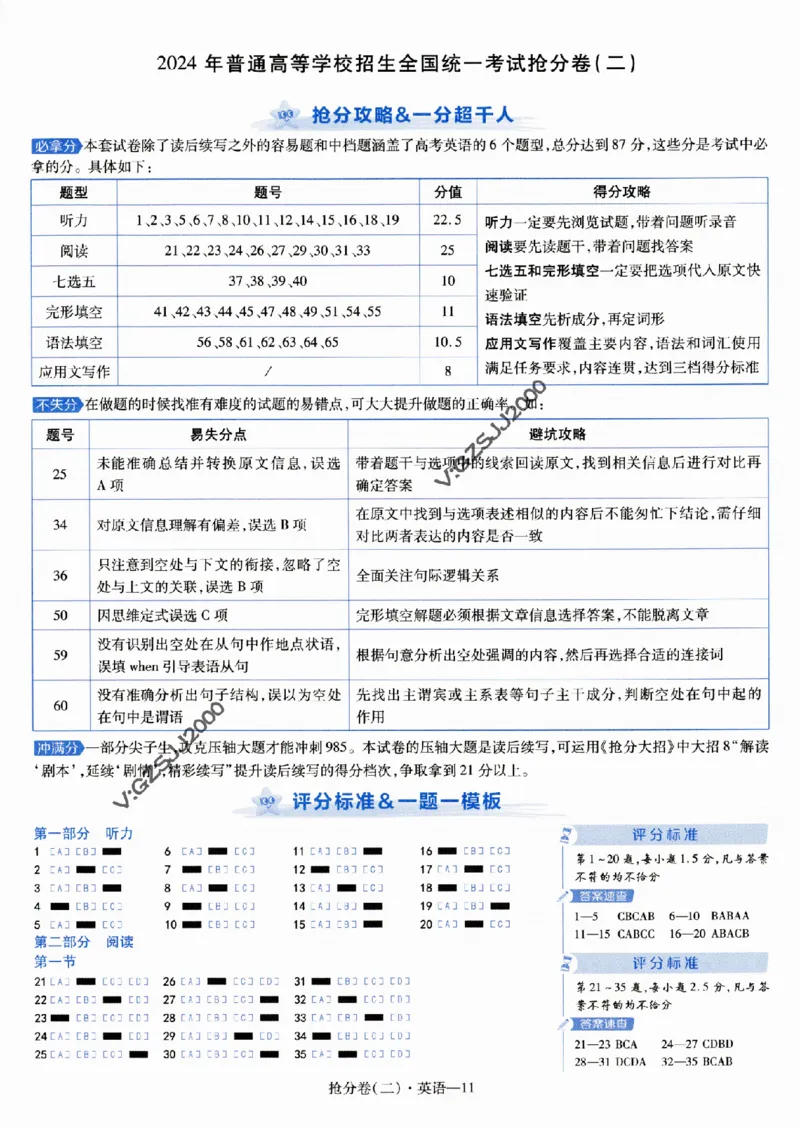 评分标准一题一模板英语-_2024高考押题卷_12024天星全系列_tx抢分密卷_tx抢分密卷（新高考）